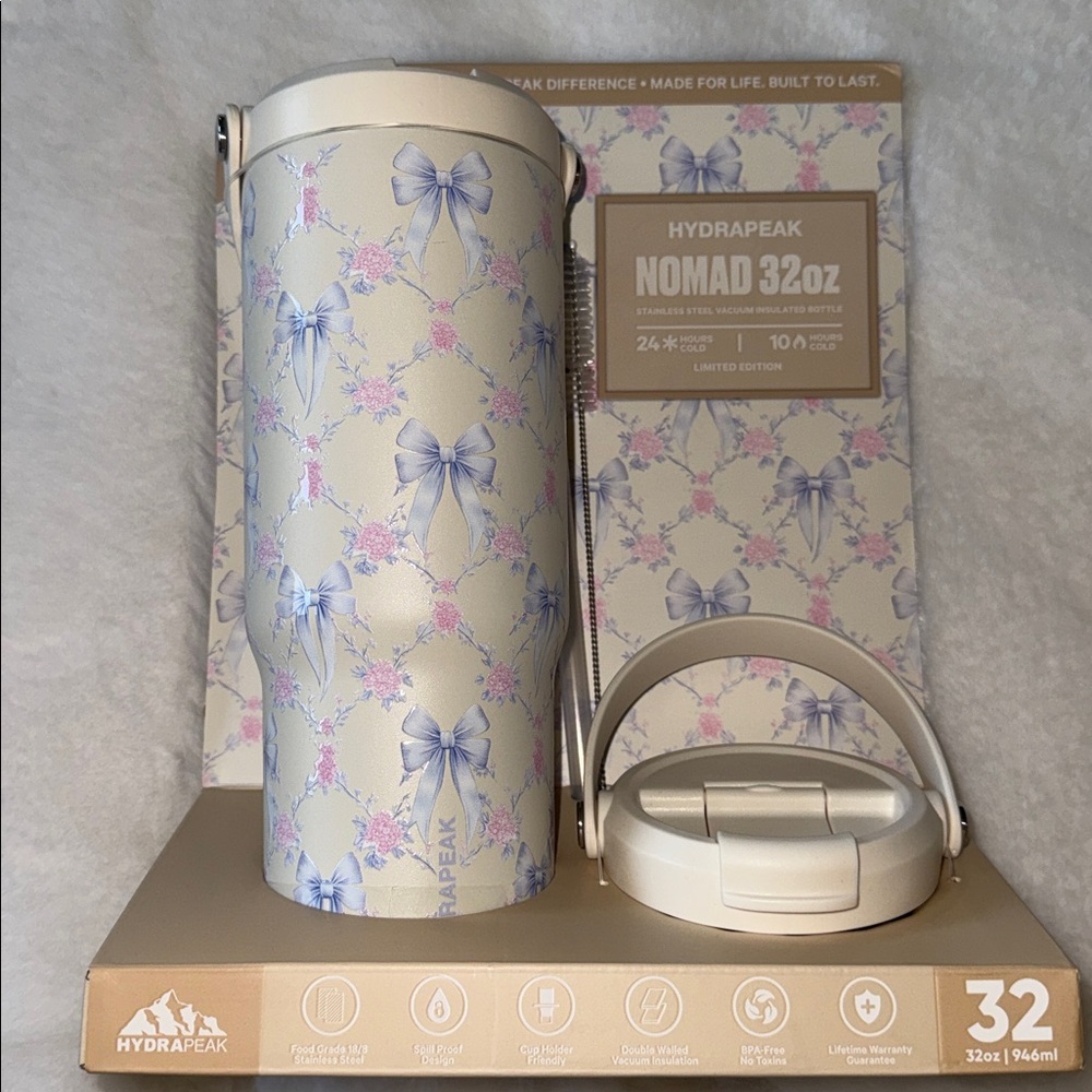 HYDRAPEAK NOMAD 32 ounce blue bow with pink flowers stainless steel Tumblr